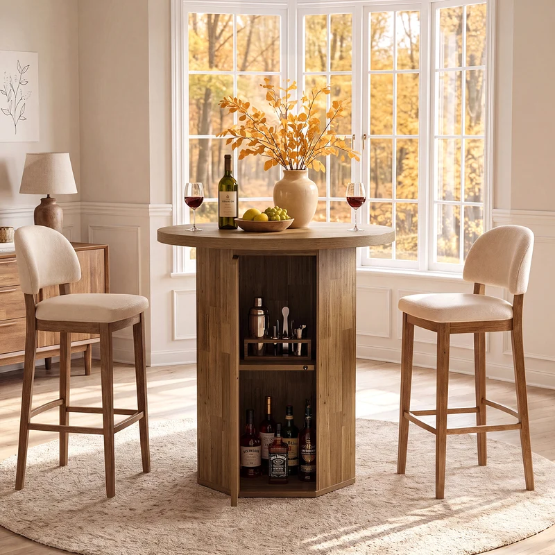 Tribesigns Bartisch Rund 80 cm mit Stauraum, Hoher Stehtisch mit integriertem Schrank im Landhausstil