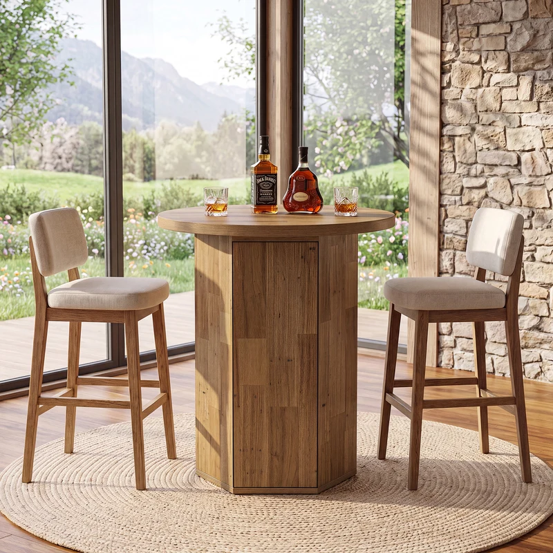 Tribesigns Bartisch Rund 80 cm mit Stauraum, Hoher Stehtisch mit integriertem Schrank im Landhausstil