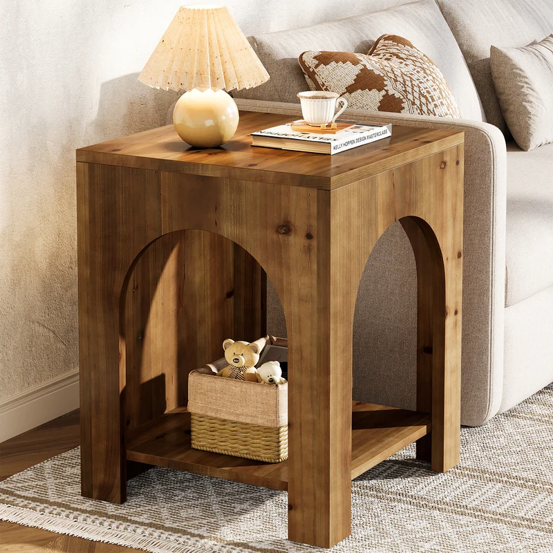 Tribesigns Beistelltisch im Landhausstil mit Rundbogen-Design, 2-stufiger Nachttisch mit Ablage
