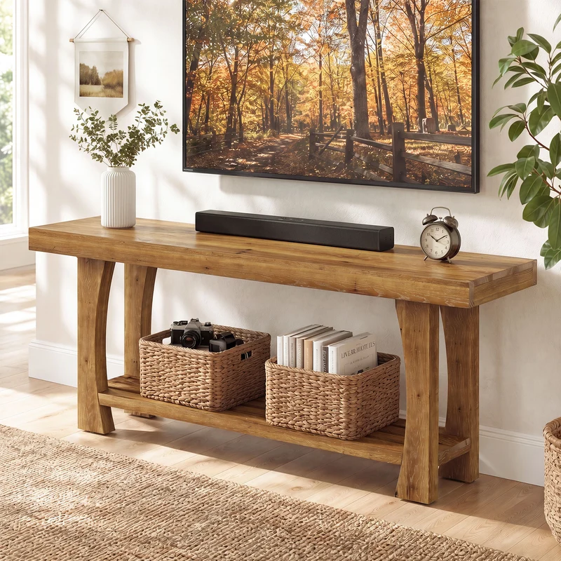 Tribesigns Massivholz TV-Lowboard für 55–70 Zoll Fernseher, TV-Schrank mit 2 Ebenen Ablage & konischen Holzbeinen