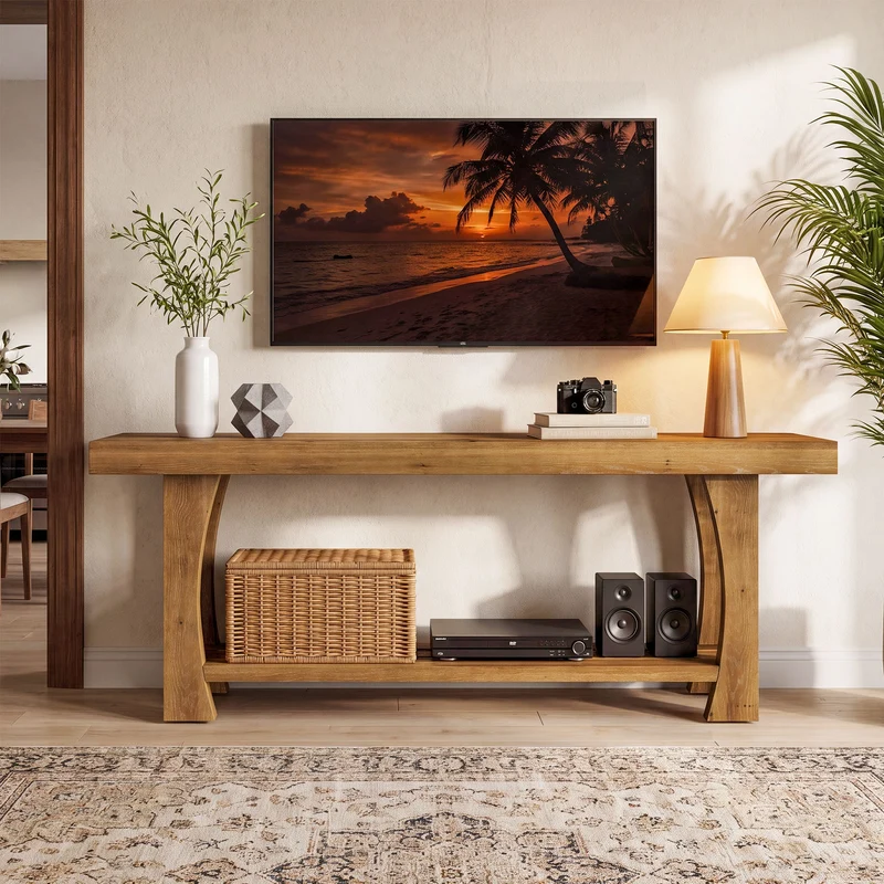 Tribesigns Massivholz TV-Lowboard für 55–70 Zoll Fernseher, TV-Schrank mit 2 Ebenen Ablage & konischen Holzbeinen