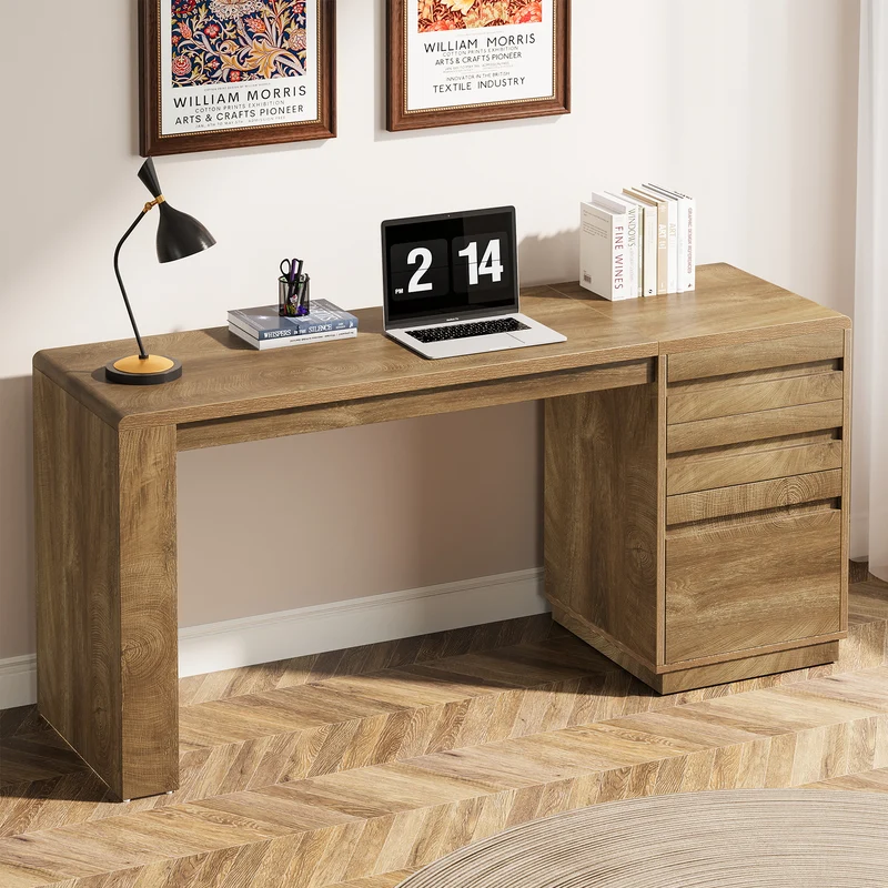 Tribesigns Schreibtisch 140 cm mit 3 Schubladen, Home-Office Schreibtisch mit verstellbarem Hängeregister-Schubladenschrank
