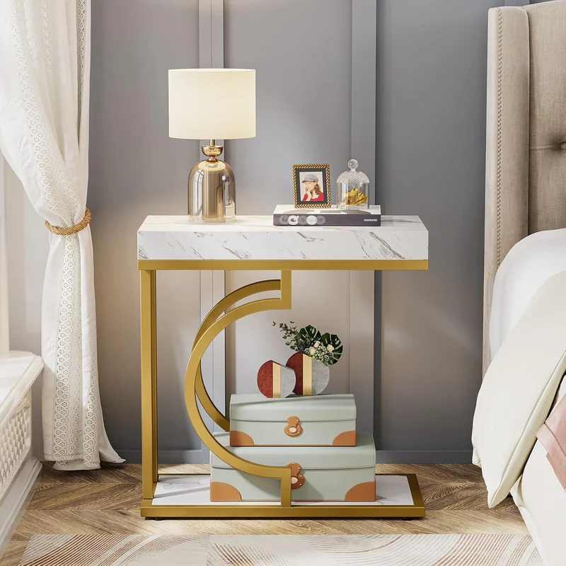 60 cm Beistelltisch, C-förmiger Beistelltisch Schmal für Wohnzimmer