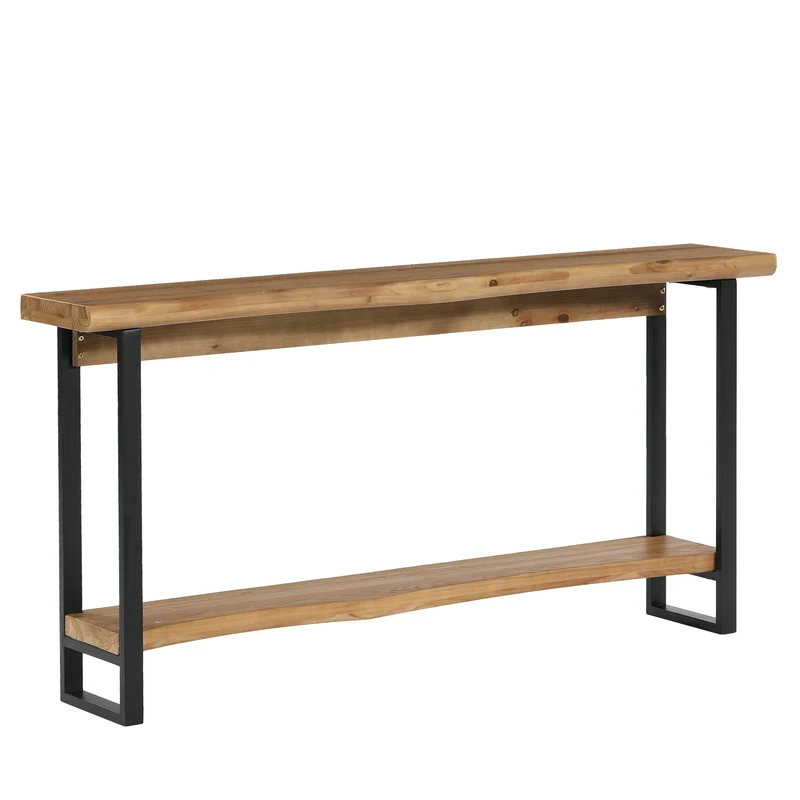 Massivholz Konsole 160 cm mit Baumkante, 2-stufiger Sofatisch hinter Couch mit Metallbeinen