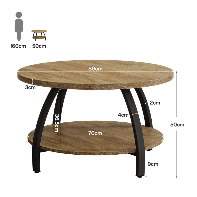 Tribesigns Runder Couchtisch 80 cm mit 2 Ablagen, Kleiner Sofatisch im Industrial Stil mit Metallbeinen