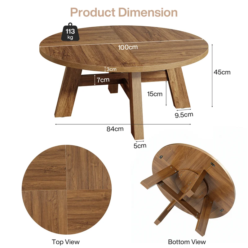 Runder Couchtisch 80 cm im Mid-Century-Stil, Wohnzimmertisch aus Holz mit verstärkter Kreuzstrebe