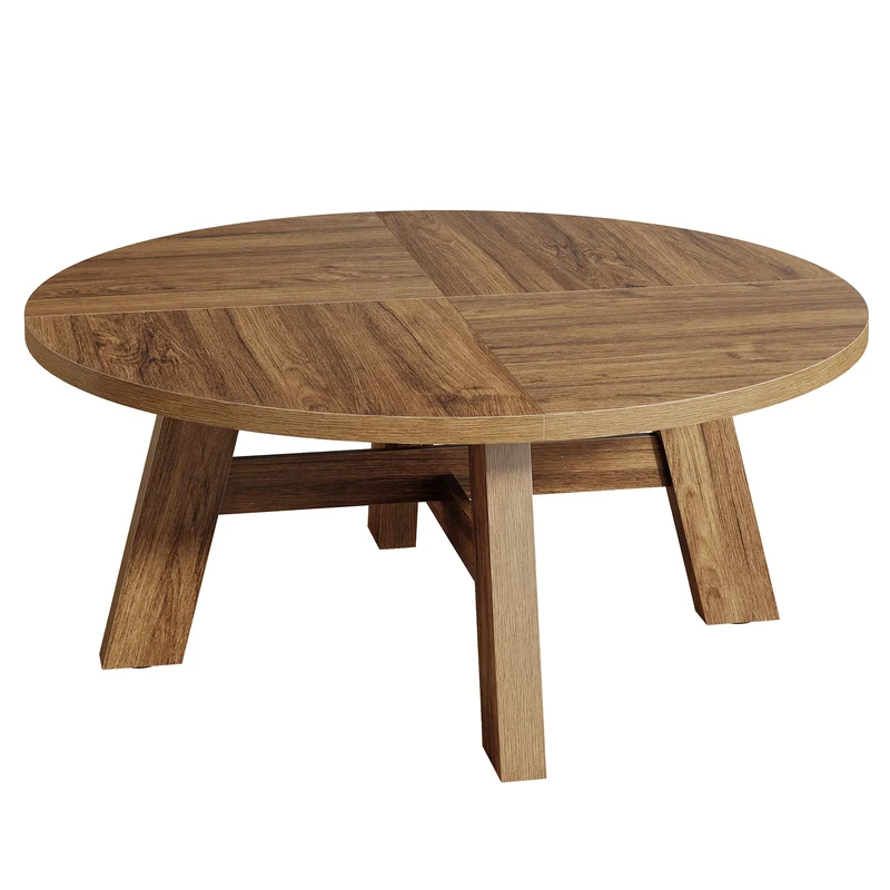 Runder Couchtisch 80 cm im Mid-Century-Stil, Wohnzimmertisch aus Holz mit verstärkter Kreuzstrebe