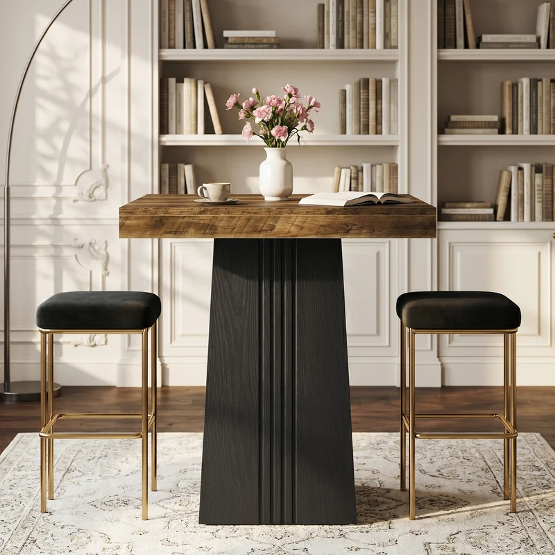 Tribesigns Bartisch 80 × 80 cm, Quadratischer Stehtisch im Landhausstil mit geriffeltem Sockel