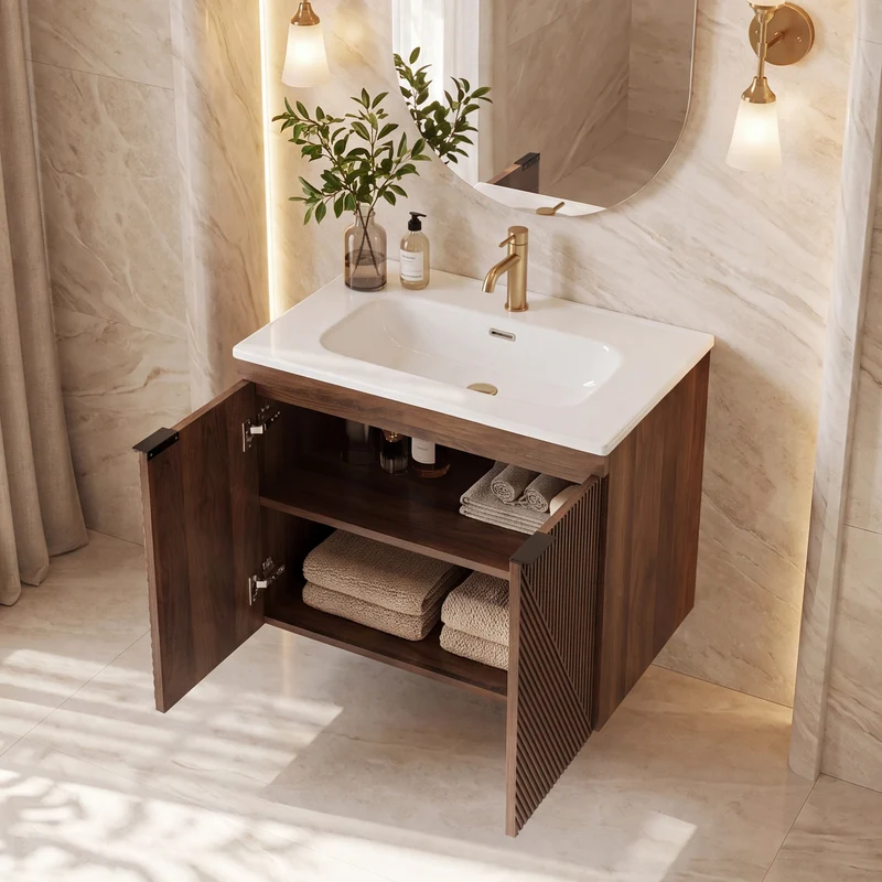 Tribesigns Wandhängender Waschtisch 60 cm mit Keramikwaschbecken, Badmöbel mit Soft-Close-Tür & Stauraum