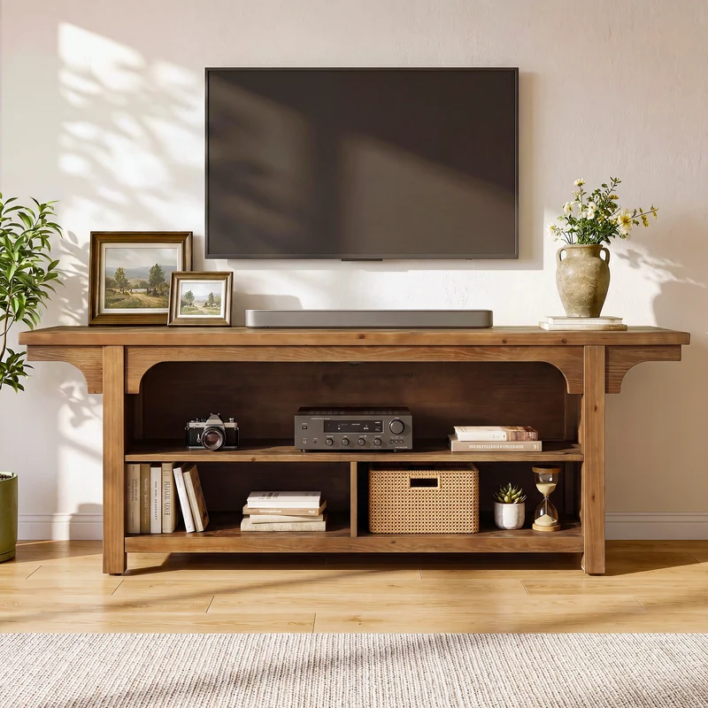 Tribesigns 160 cm TV-Lowboard aus Massivholz, TV-Schrank für 55–70 Zoll Fernseher mit 3 offenen Fächern