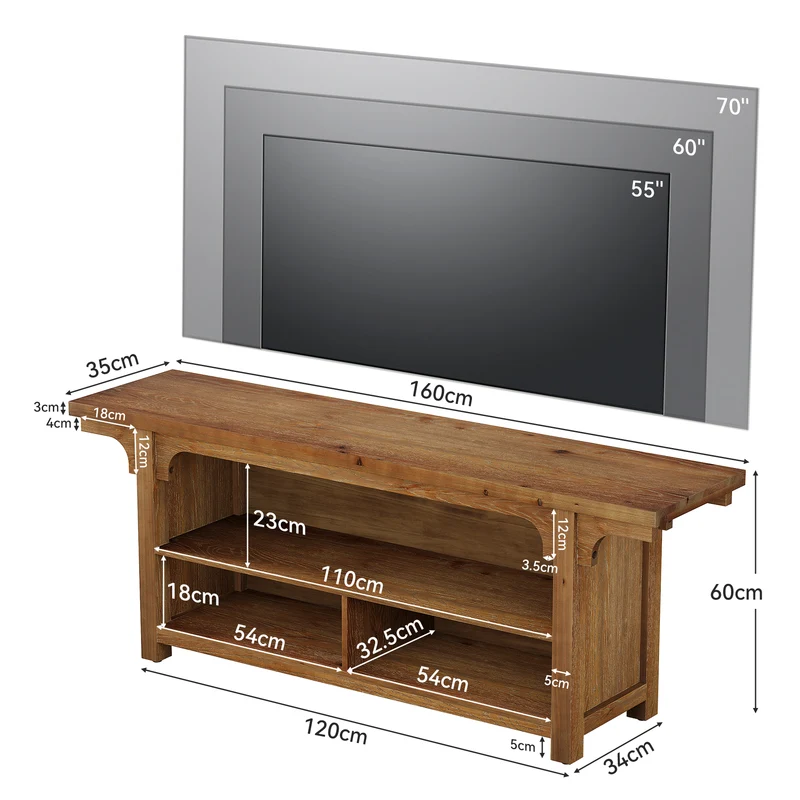 Tribesigns 160 cm TV-Lowboard aus Massivholz, TV-Schrank für 55–70 Zoll Fernseher mit 3 offenen Fächern