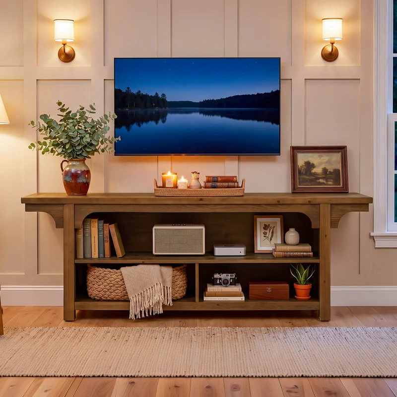 Tribesigns 160 cm TV-Lowboard aus Massivholz, TV-Schrank für 55–70 Zoll Fernseher mit 3 offenen Fächern