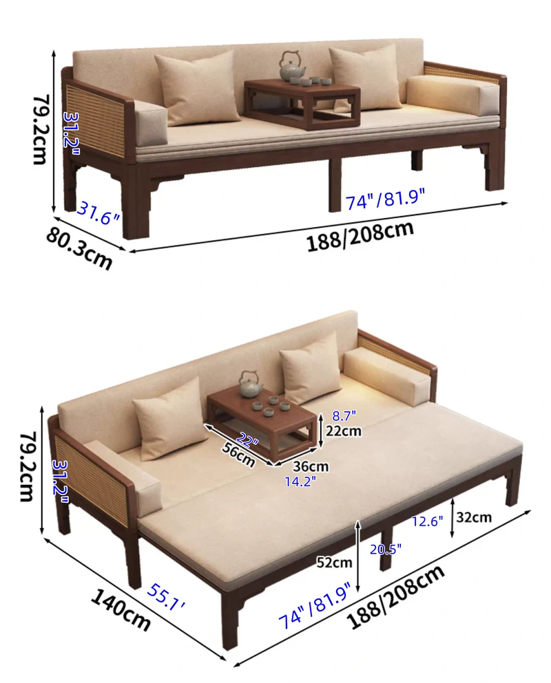 Ausziehbares Arhat-Schlafsofa mit Massivholzrahmen, Rattan-Geflecht an den Armlehnen.