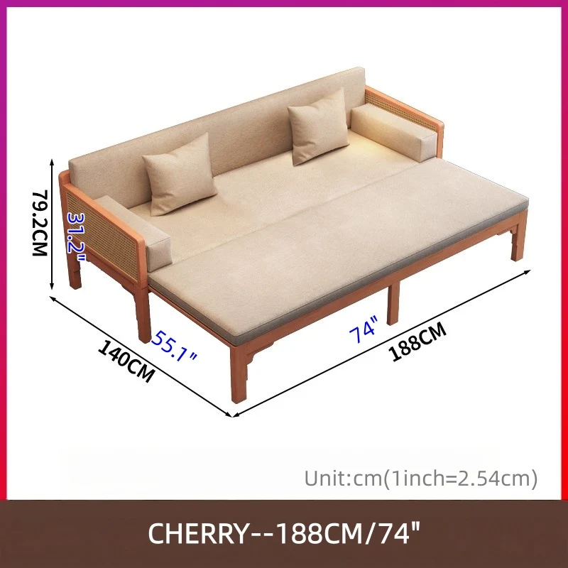 Ausziehbares Arhat-Schlafsofa mit Massivholzrahmen, Rattan-Geflecht an den Armlehnen.