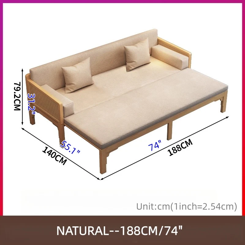 Ausziehbares Arhat-Schlafsofa mit Massivholzrahmen, Rattan-Geflecht an den Armlehnen.