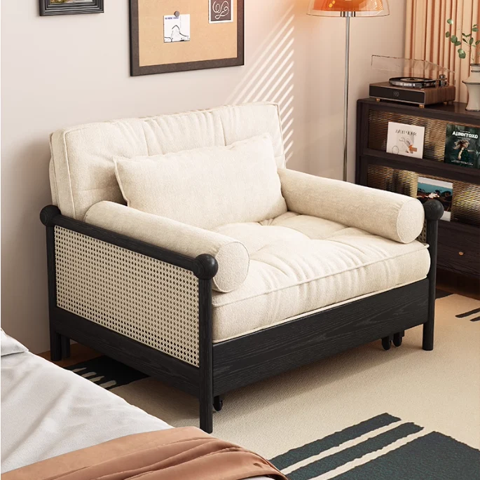 3-in-1-Schlafsofa mit Armlehnen aus Rattan-Geflecht und Chenille-Bezug sowie integriertem Stauraum