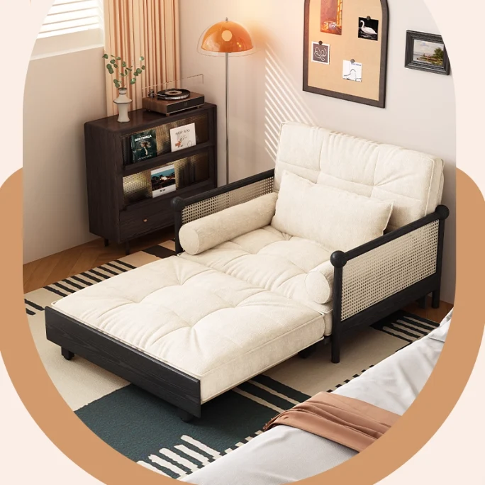 3-in-1-Schlafsofa mit Armlehnen aus Rattan-Geflecht und Chenille-Bezug sowie integriertem Stauraum