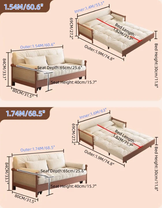 3-in-1-Schlafsofa mit Armlehnen aus Rattan-Geflecht und Chenille-Bezug sowie integriertem Stauraum
