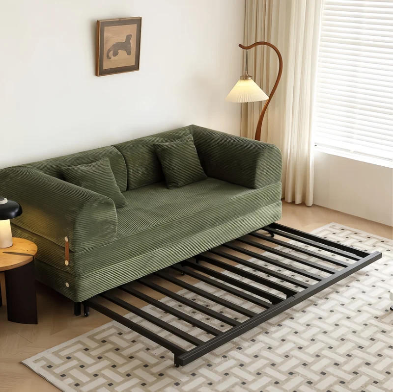 Gepolstertes Schlafsofa mit Metallrahmen und Cordstoffbezug