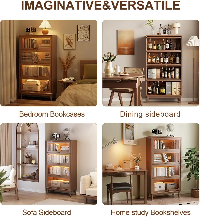 Bücherregal aus Massivholz mit hochklappbaren Türen aus gehärtetem Glas