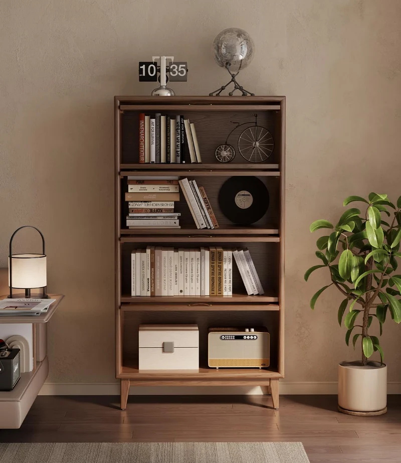 Bücherregal aus Massivholz mit hochklappbaren Türen aus gehärtetem Glas