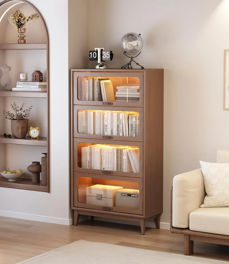 Bücherregal aus Massivholz mit hochklappbaren Türen aus gehärtetem Glas