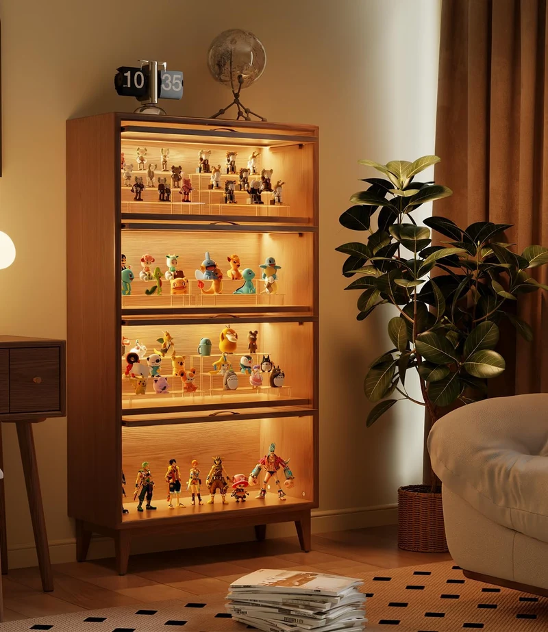Bücherregal aus Massivholz mit hochklappbaren Türen aus gehärtetem Glas