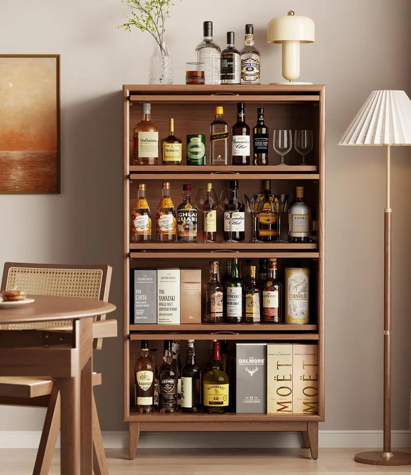 Bücherregal aus Massivholz mit hochklappbaren Türen aus gehärtetem Glas