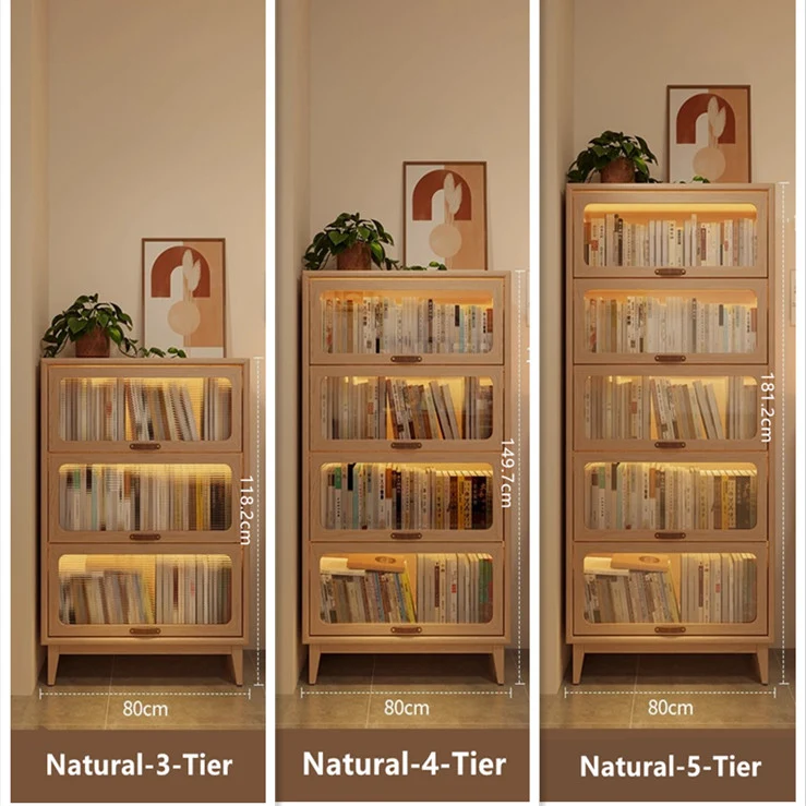 Bücherregal aus Massivholz mit hochklappbaren Türen aus gehärtetem Glas