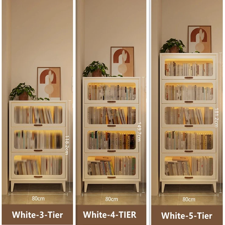 Bücherregal aus Massivholz mit hochklappbaren Türen aus gehärtetem Glas