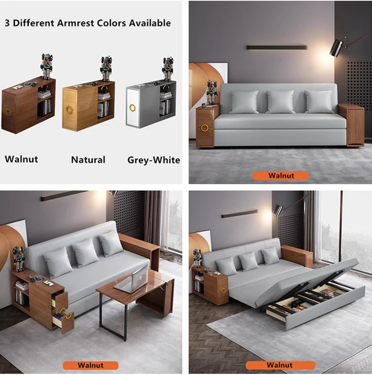 3-in-1-Schlafsofa mit versteckter Schreibtisch-Armlehne und Stauraum darunter