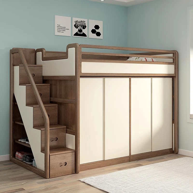 Hochbett aus massivem Eschenholz mit Kleiderschrank darunter