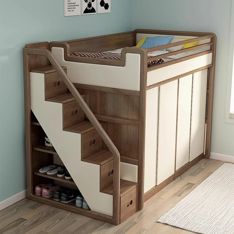 Hochbett aus massivem Eschenholz mit Kleiderschrank darunter
