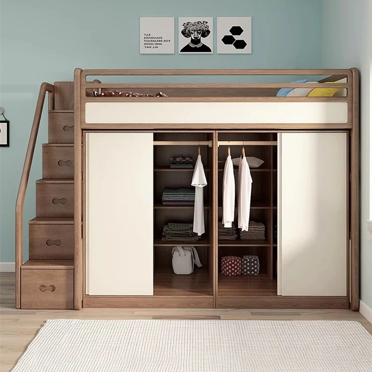 Hochbett aus massivem Eschenholz mit Kleiderschrank darunter