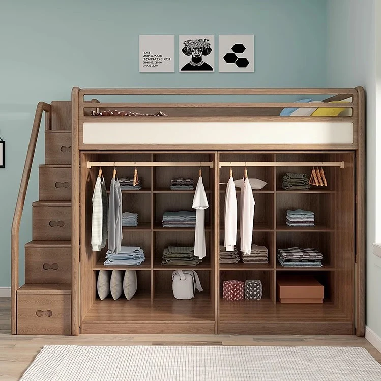 Hochbett aus massivem Eschenholz mit Kleiderschrank darunter