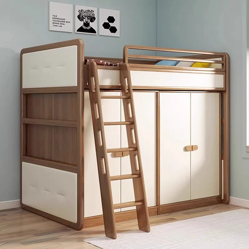Hochbett aus massivem Eschenholz mit Kleiderschrank darunter
