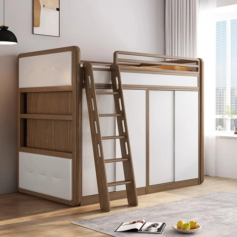 Hochbett aus massivem Eschenholz mit Kleiderschrank darunter