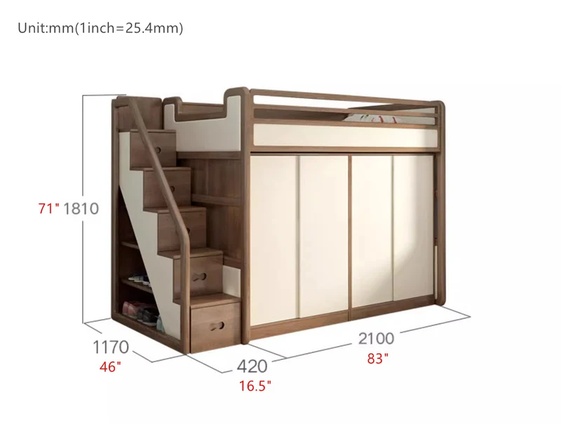 Hochbett aus massivem Eschenholz mit Kleiderschrank darunter