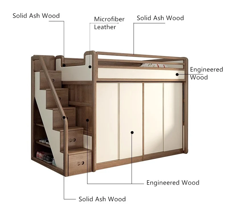 Hochbett aus massivem Eschenholz mit Kleiderschrank darunter