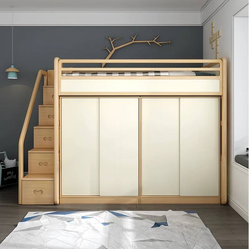 Hochbett aus massivem Eschenholz mit Kleiderschrank darunter
