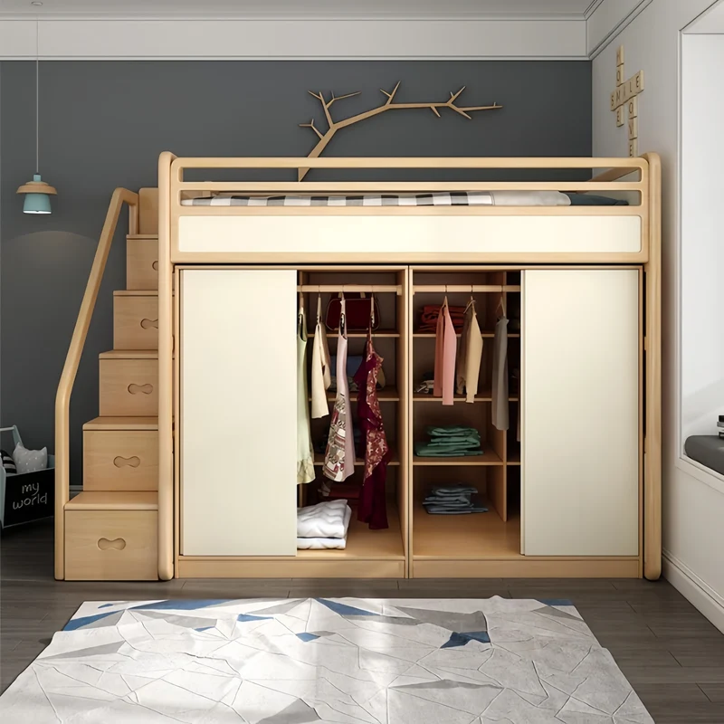 Hochbett aus massivem Eschenholz mit Kleiderschrank darunter