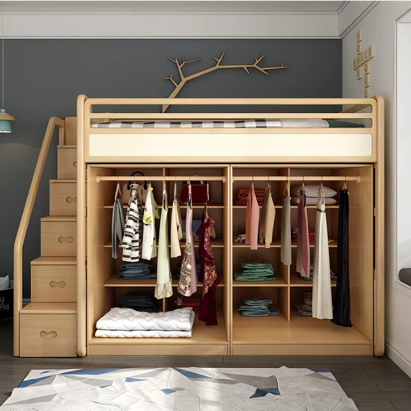 Hochbett aus massivem Eschenholz mit Kleiderschrank darunter