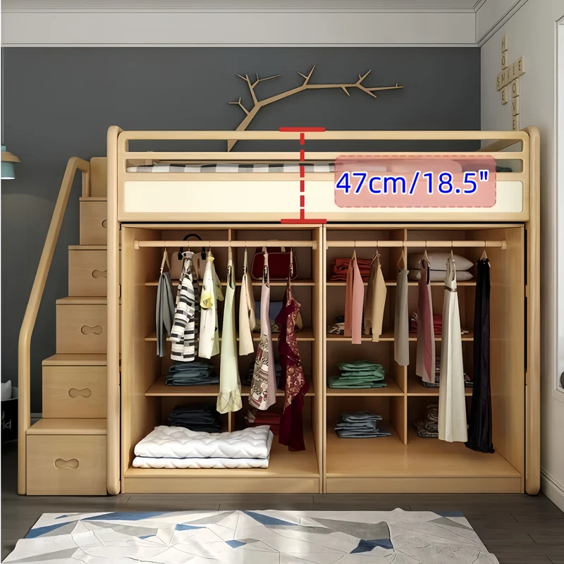 Hochbett aus massivem Eschenholz mit Kleiderschrank darunter