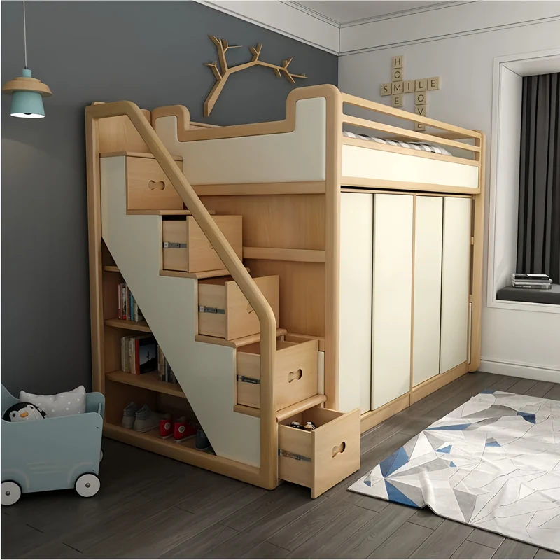 Hochbett aus massivem Eschenholz mit Kleiderschrank darunter
