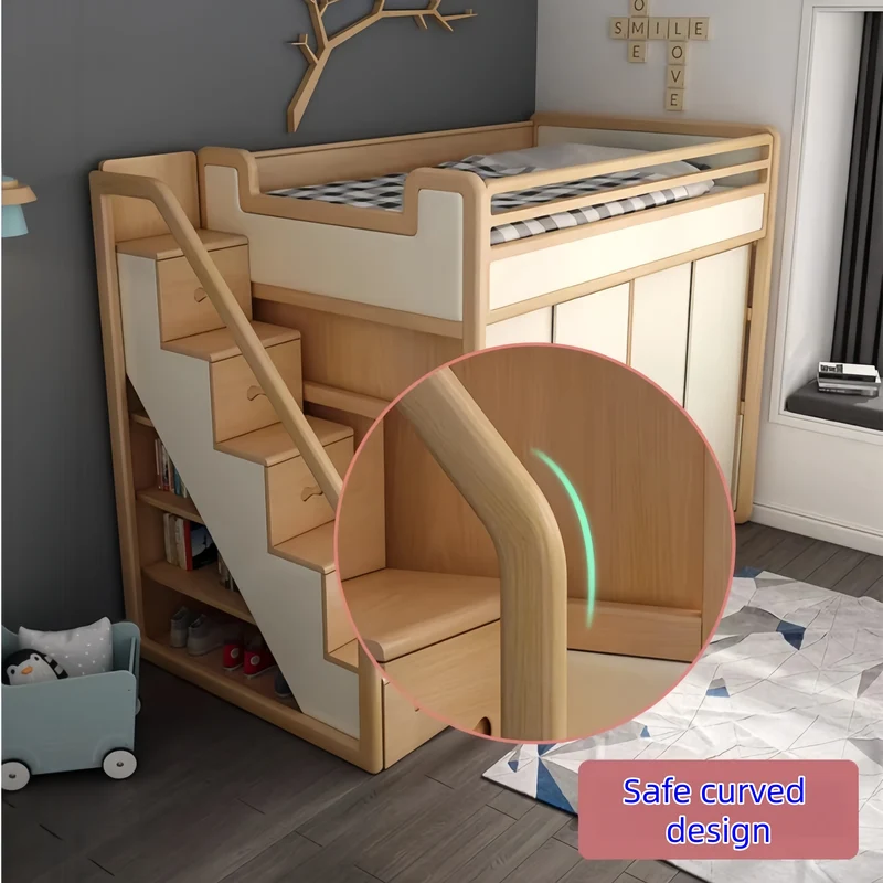 Hochbett aus massivem Eschenholz mit Kleiderschrank darunter