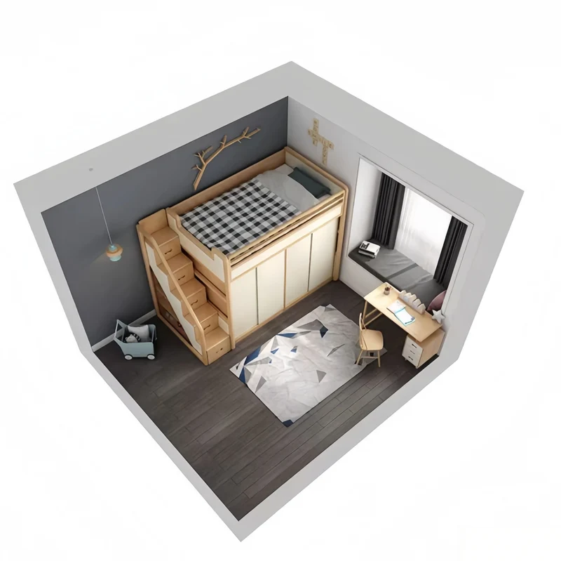 Hochbett aus massivem Eschenholz mit Kleiderschrank darunter