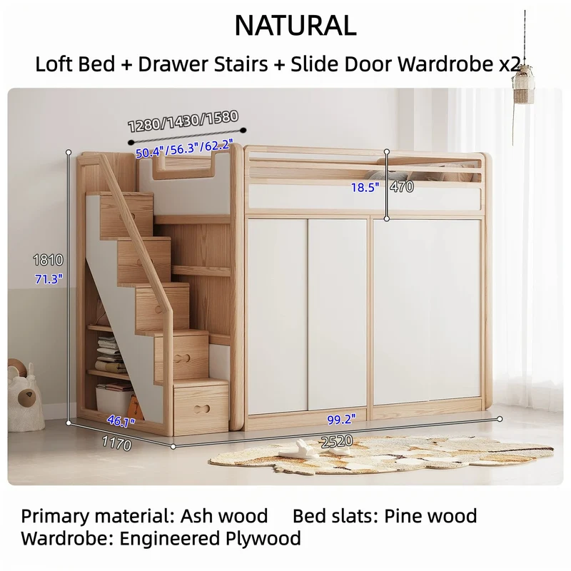 Hochbett aus massivem Eschenholz mit Kleiderschrank darunter