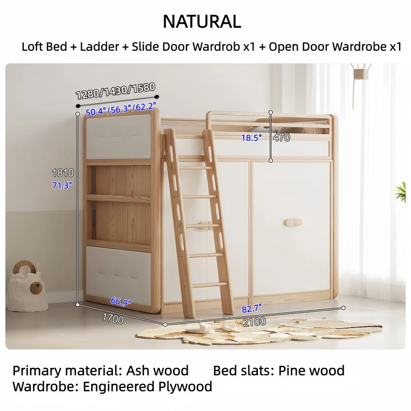 Hochbett aus massivem Eschenholz mit Kleiderschrank darunter
