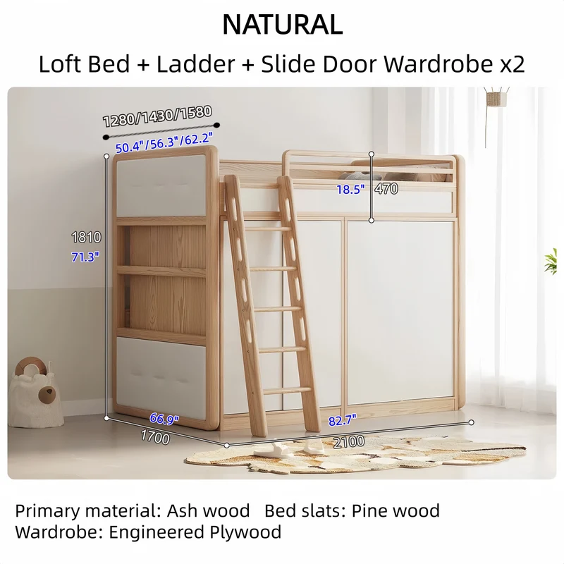 Hochbett aus massivem Eschenholz mit Kleiderschrank darunter