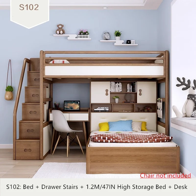 Hochbett aus massivem Eschenholz mit hohem Stauraumbett, Kleiderschrank, Schubladentreppe und Schreibtischkombination